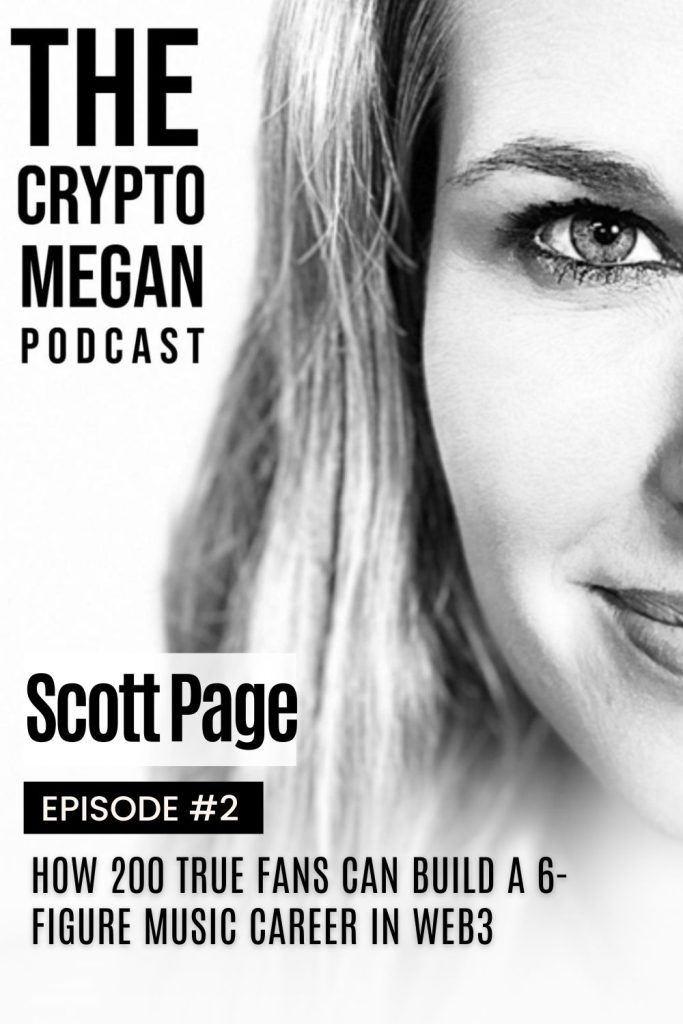 Megan Nilsson smiles on the cover of The Crypto Megan Podcast Episode #2: Scott Page (of Pink Floyd).