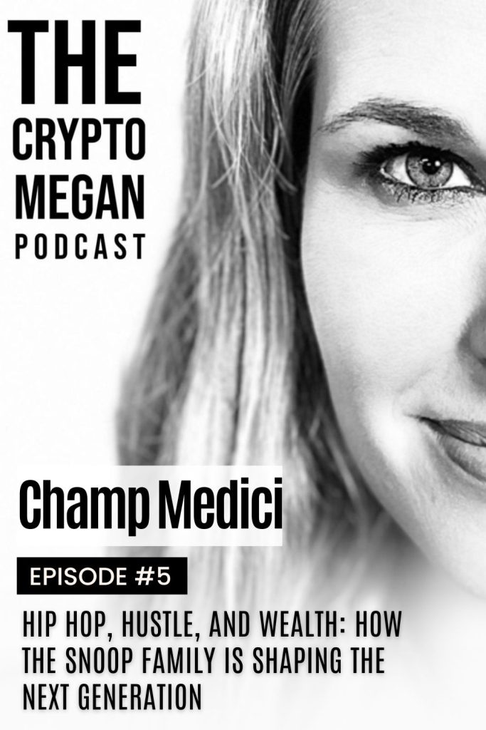 Megan Nilsson smiles on the cover of Episode 5 of The Crypto Megan Podcast with Champ Medici.