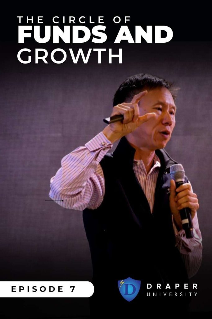 Andy Tang holds a microphone onstage behind the text " The Circle of Funds and Growth "