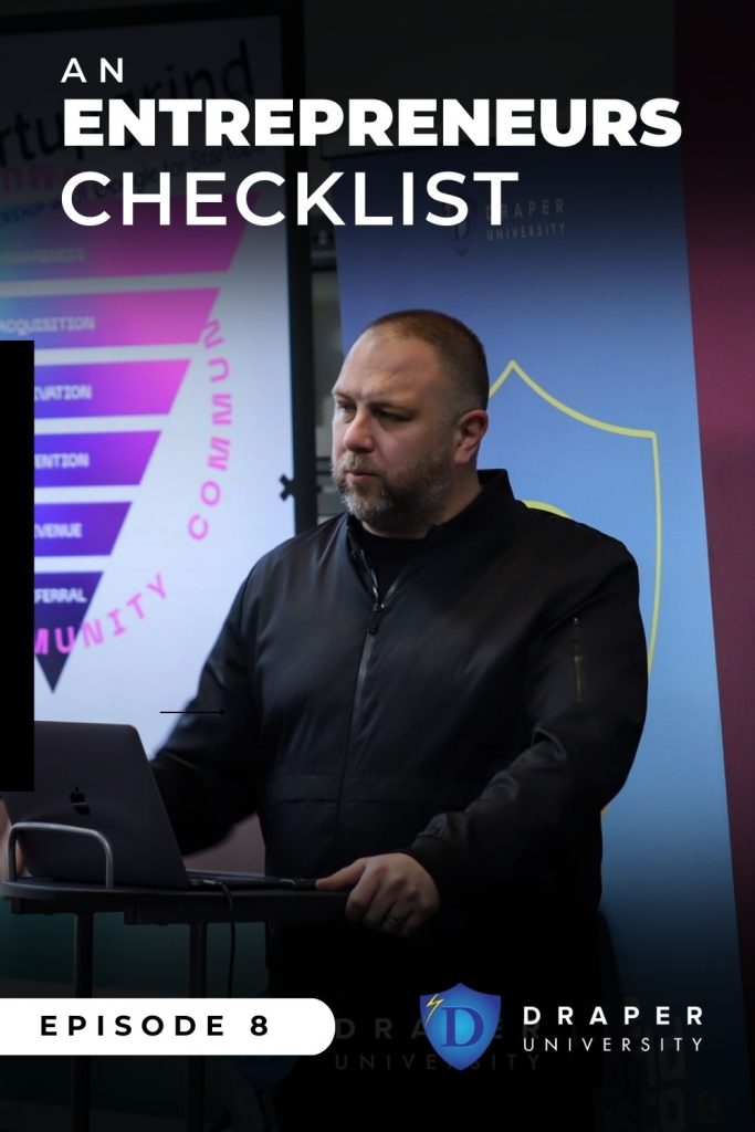 An entrepreneur stands at a podium behind the title " An Entrepreneurs Checklist "