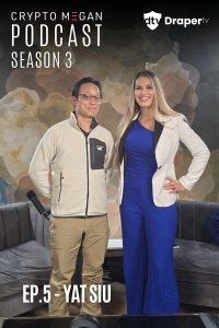 Yat Siu and Megan Nilsson Pose for a photo in a podcast studio.