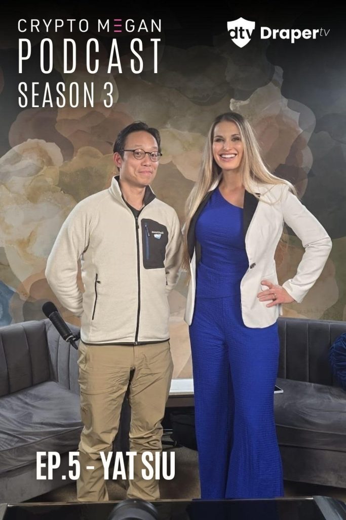 Yat Siu and Megan Nilsson Pose for a photo in a podcast studio.